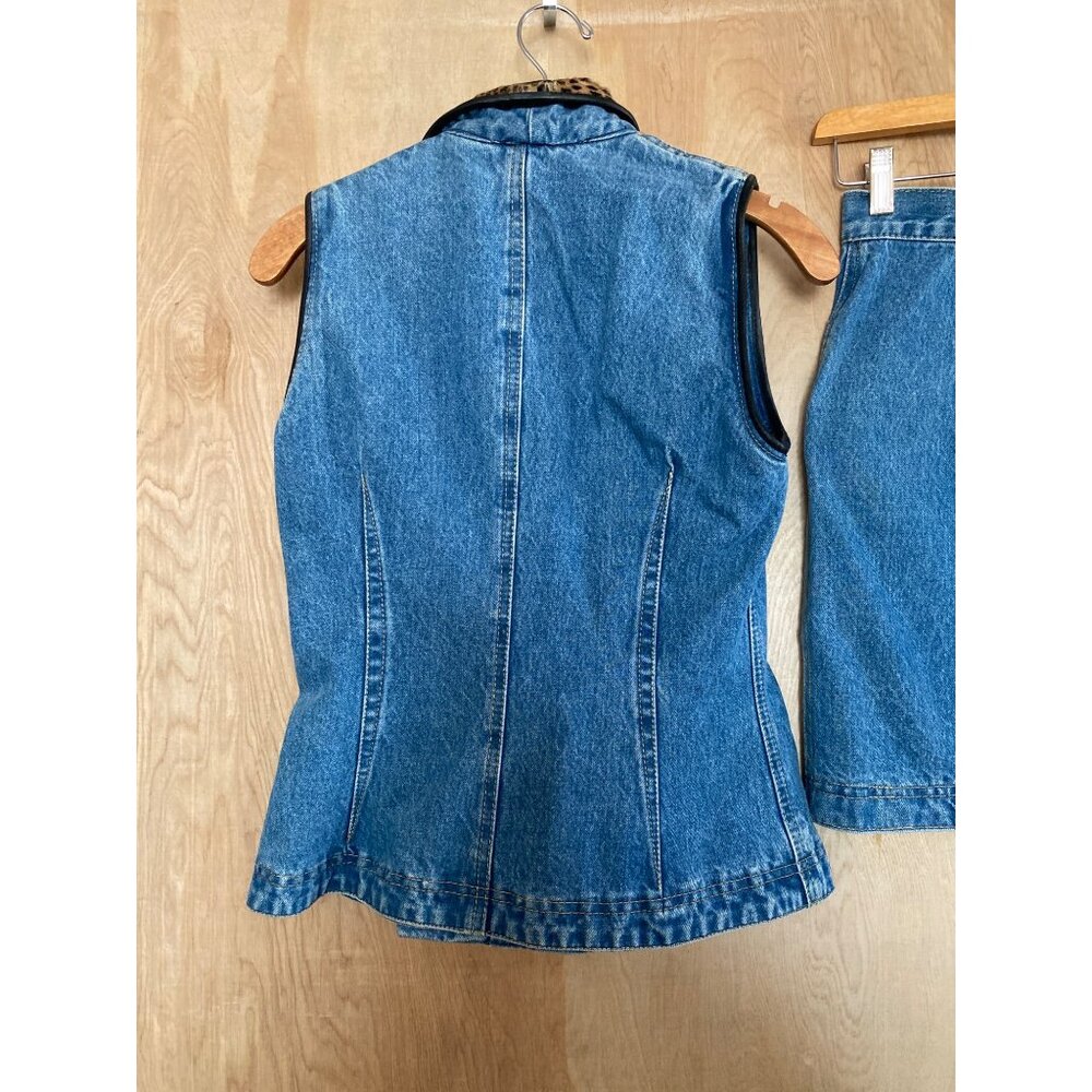 Vintage St. Maarten Dallas Denim Skirt Set Small Vest & Mini Skirt Leopard Trim - Picture 3 of 13